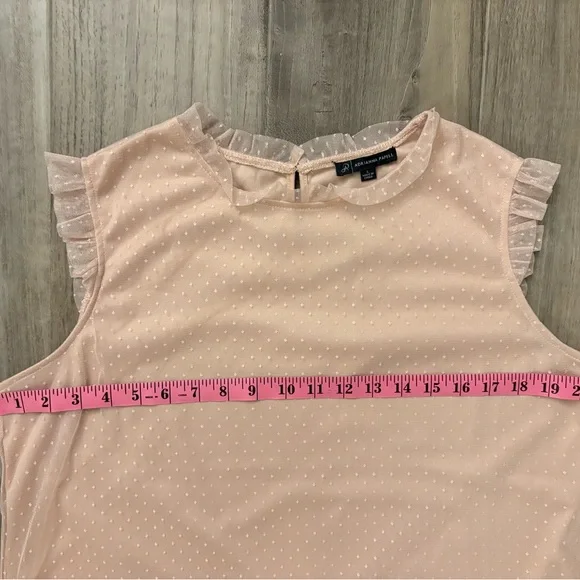 Adrianna Papell Blush Swiss Dot Sleeveless Blouse L – Ruffle Mesh Trim Top - Picture 6 of 9